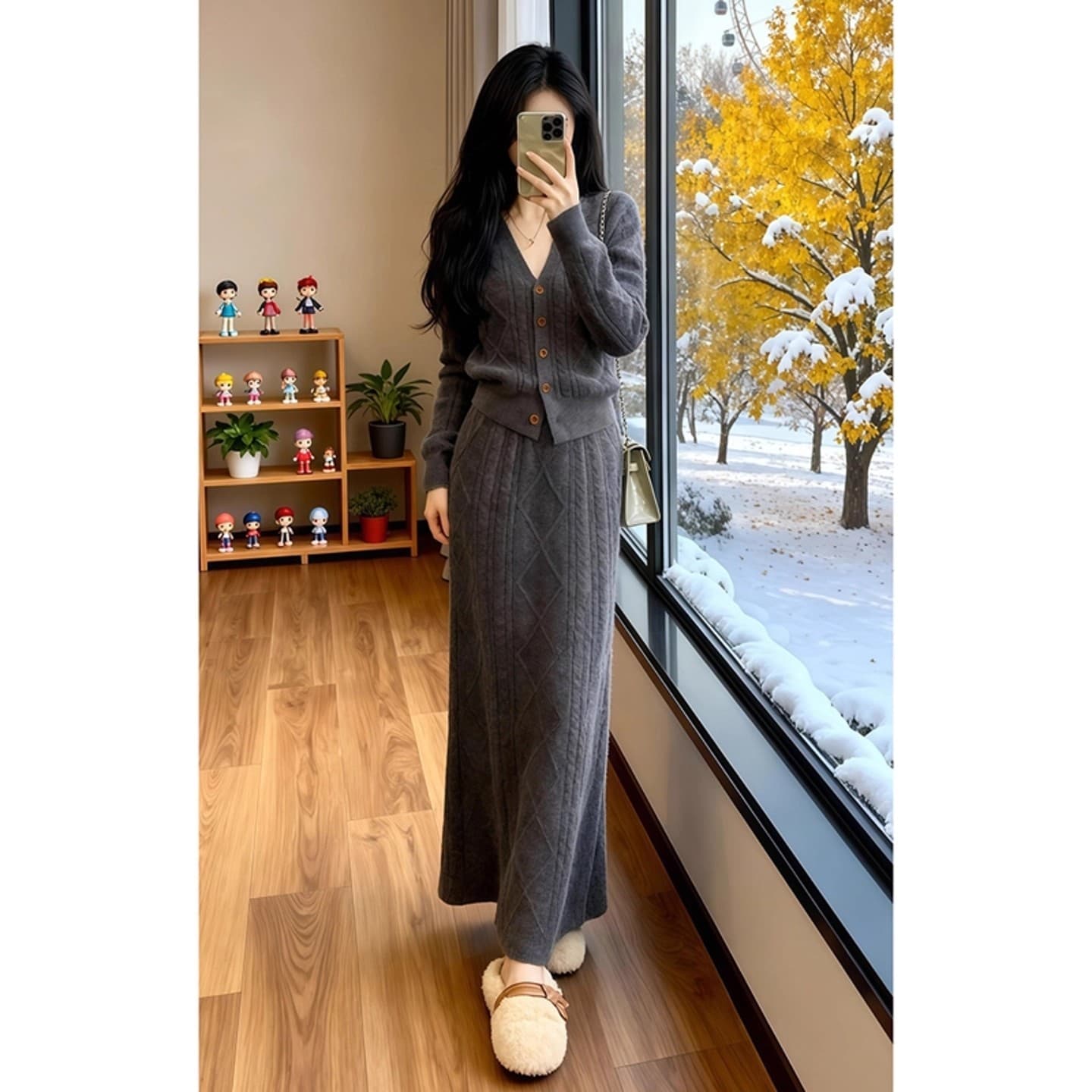 폭발 겨울 슈퍼 화재 전체 집합 빛 럭셔리 고급 센스 연령 감소 관대 한 점잖은 착용 가져 가라. 회색 니트 스웨터 세트 드레스 상세 이미지 3