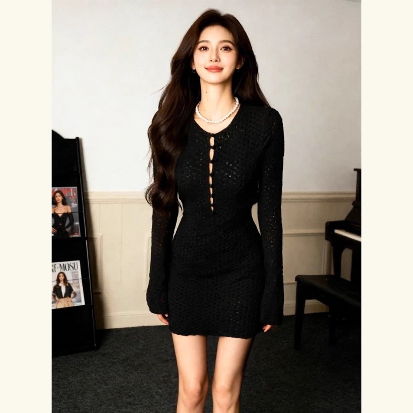 단색 라운드 넥 홀로우 아웃 니트 여성 드레스 가을 겨울 2026 새로운 허리 수축 나팔 소매 만나는 미니 스커트 이미지 2