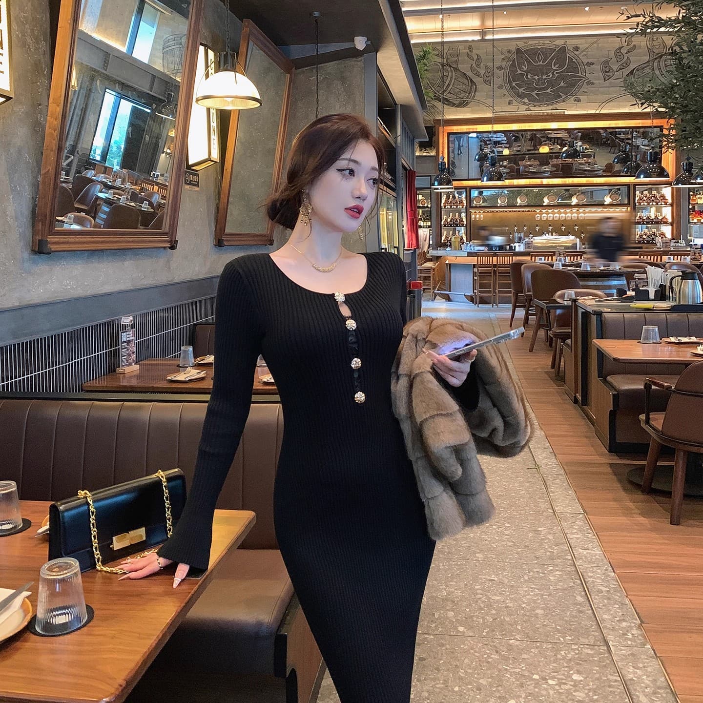 린 닫기 검정색 니트 드레스 겨울 프랑스식 사소한 품격 몸매 가꾸기 타이트 스커트 스웨터 인사이드 가져 가라. 기본 스커트 이미지 2