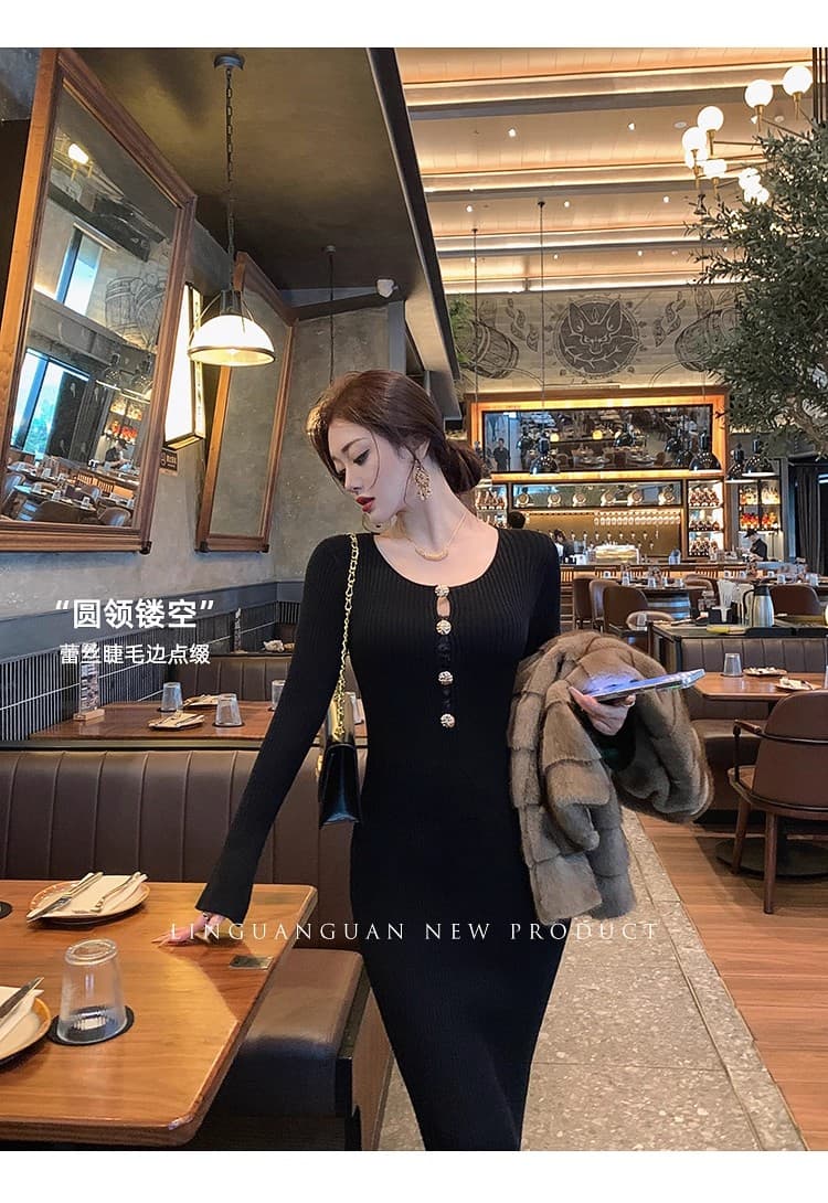 린 닫기 검정색 니트 드레스 겨울 프랑스식 사소한 품격 몸매 가꾸기 타이트 스커트 스웨터 인사이드 가져 가라. 기본 스커트 상세 이미지 19