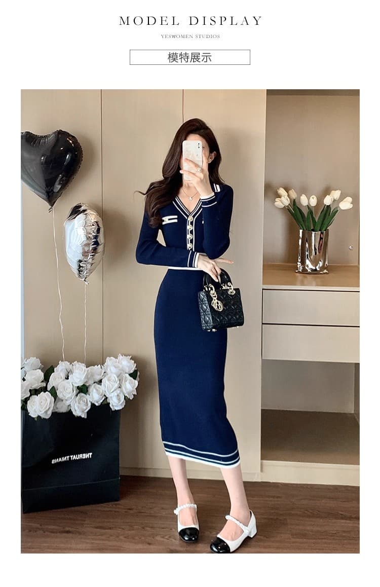 2026 년 가을 겨울철 여성 의류 새로운 작은 샤넬 스타일 POLO 칼라 긴팔 니트 드레스 몸매 가꾸기 타이트 스커트 무릎 아래 치마 상세 이미지 4