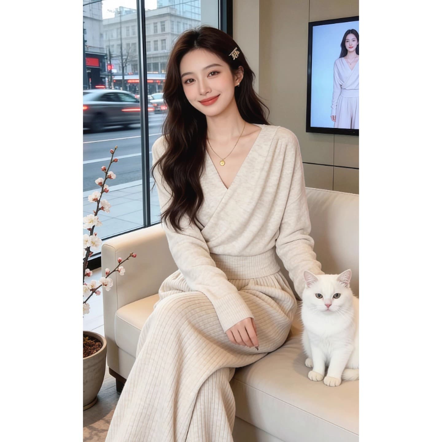 부드러운 바람 고유 한 슈퍼 잘 생긴 V넥 니트 스웨터 와이드 레그 팬츠 투피스 슈트 품격 전체 집합 착용 가져 가라. 26 겨울 이미지 4
