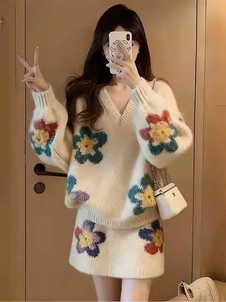 한 바람 chic 전체 집합 느긋한 느슨함 센스 부드러운 바람 V넥 니트 스웨터 미니 스커트 투피스 슈트 2026 가을 상세 이미지 4