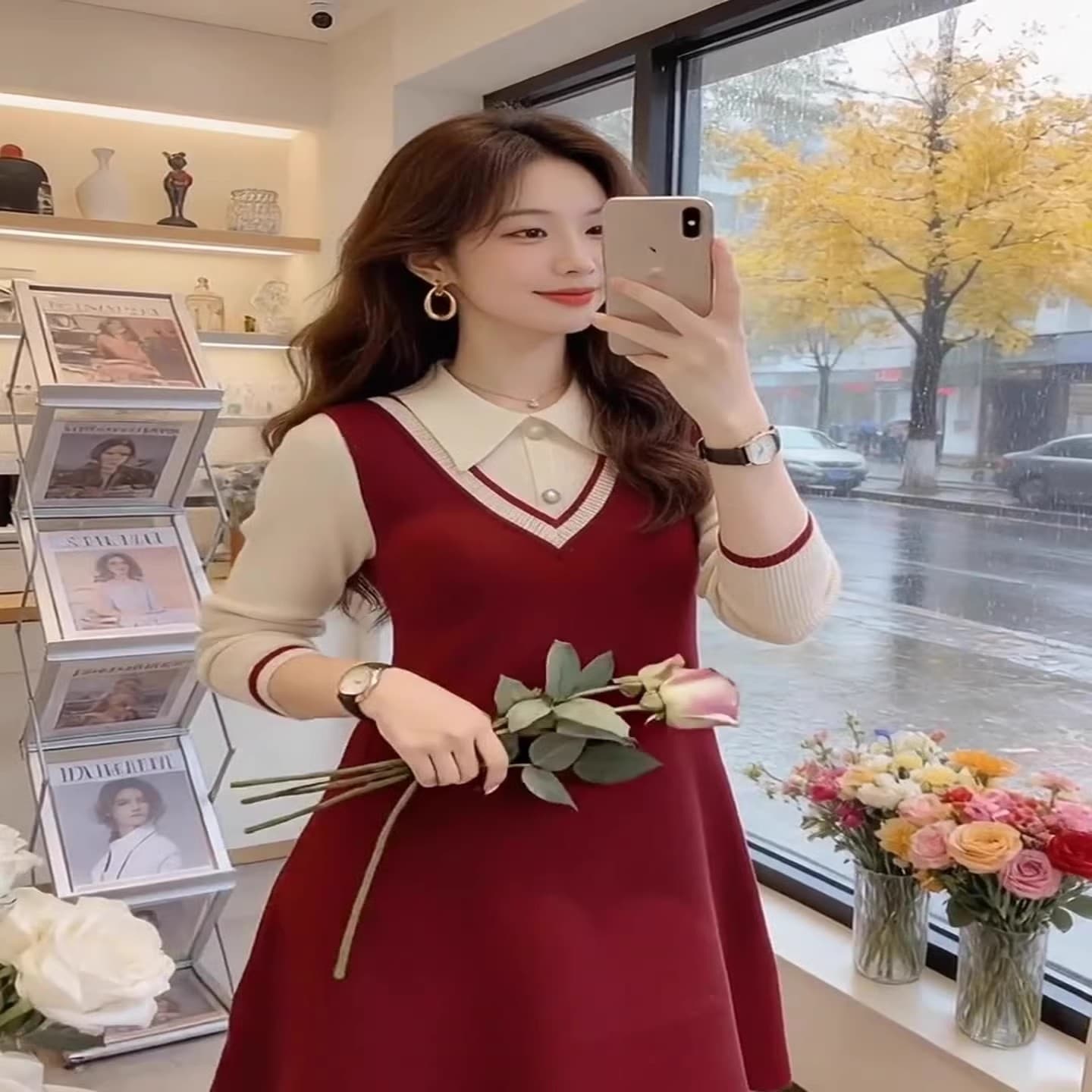 2025 가을 겨울 새로운 베이비 칼라 배색 패치워크 니트 드레스 품격 슬림해 보이는 경기 코트 만나는 스웨터 드레스 상세 이미지 3