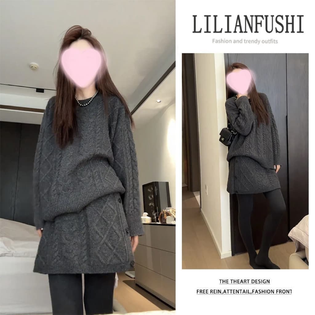 유럽 역 2026 겨울 새로운 패션 레트로 짜임 바람 꽈배기 니트 스웨터 반 스커트 세트 투피스 세트 상세 이미지 1