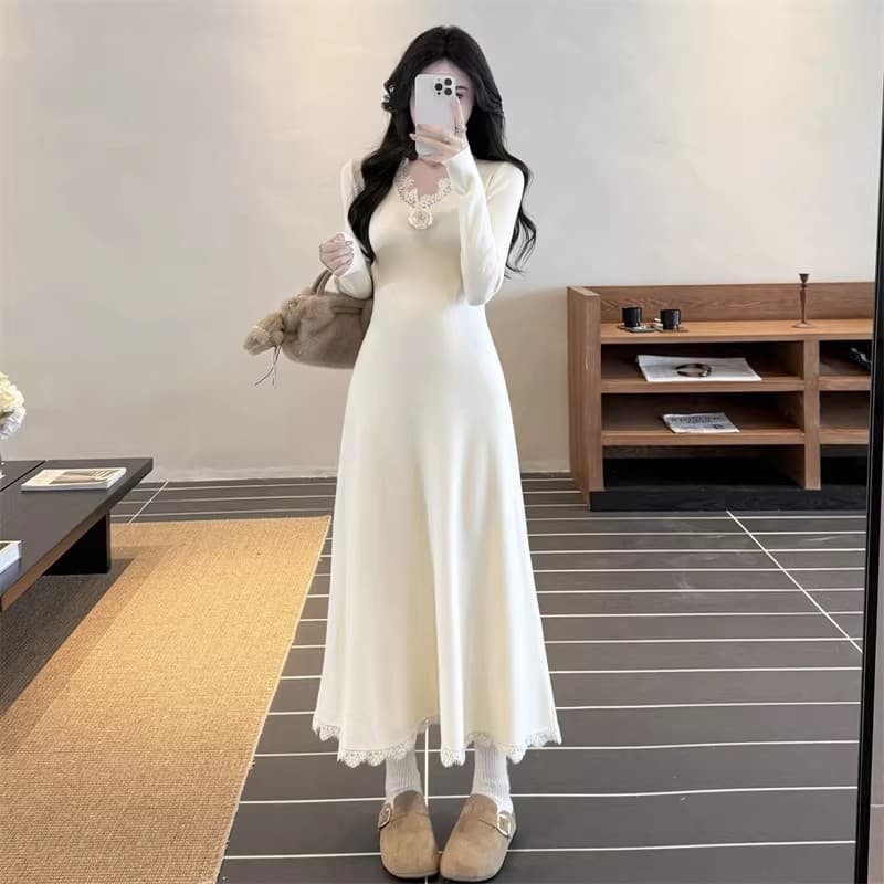 세 소녀 프랑스식 꽃 니트 롱 코트 여성 드레스 가을 겨울 인사이드 가져 가라. 품격 허리 수축 만나는 살구 색상 길다 치마