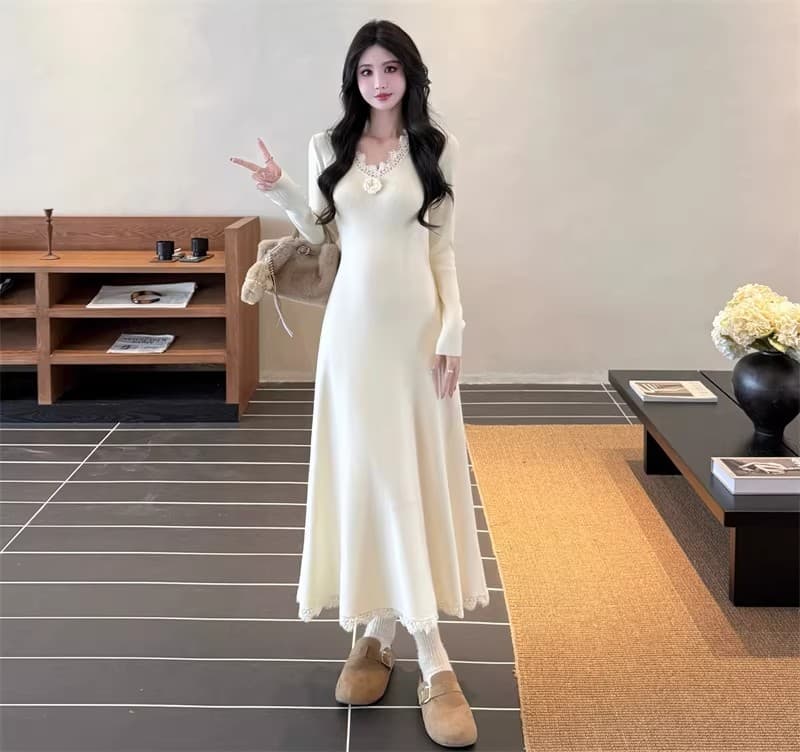 세 소녀 프랑스식 꽃 니트 롱 코트 여성 드레스 가을 겨울 인사이드 가져 가라. 품격 허리 수축 만나는 살구 색상 길다 치마 상세 이미지 4