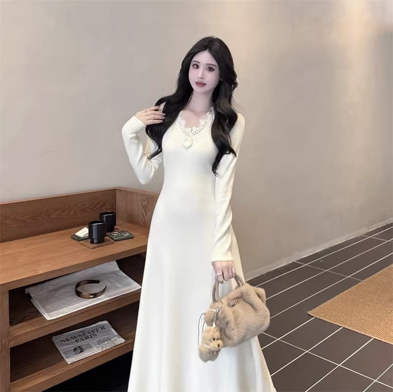 세 소녀 프랑스식 꽃 니트 롱 코트 여성 드레스 가을 겨울 인사이드 가져 가라. 품격 허리 수축 만나는 살구 색상 길다 치마 상세 이미지 7