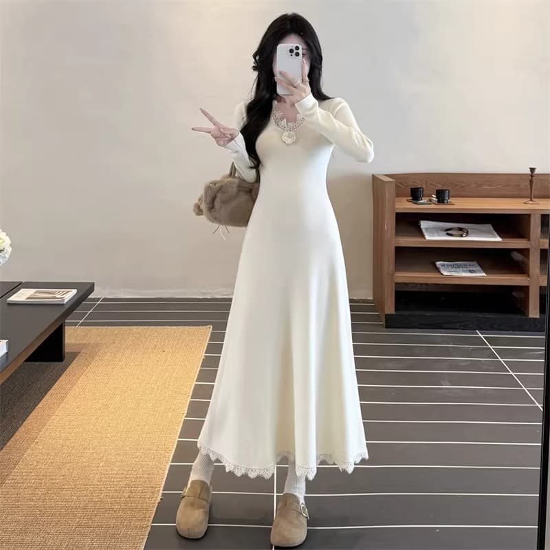 세 소녀 프랑스식 꽃 니트 롱 코트 여성 드레스 가을 겨울 인사이드 가져 가라. 품격 허리 수축 만나는 살구 색상 길다 치마 상세 이미지 9