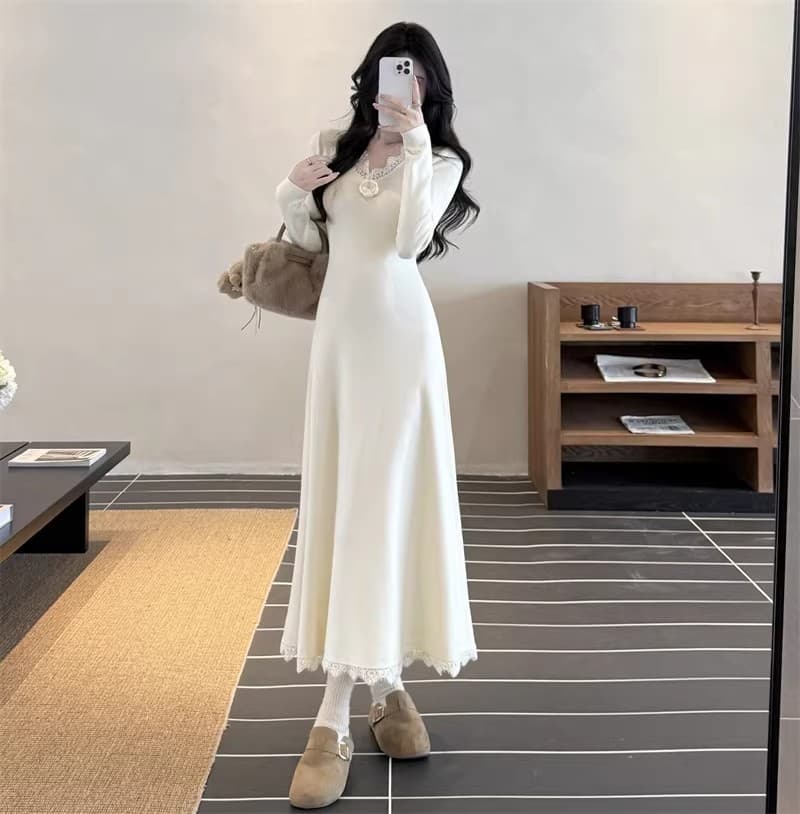 세 소녀 프랑스식 꽃 니트 롱 코트 여성 드레스 가을 겨울 인사이드 가져 가라. 품격 허리 수축 만나는 살구 색상 길다 치마 상세 이미지 11