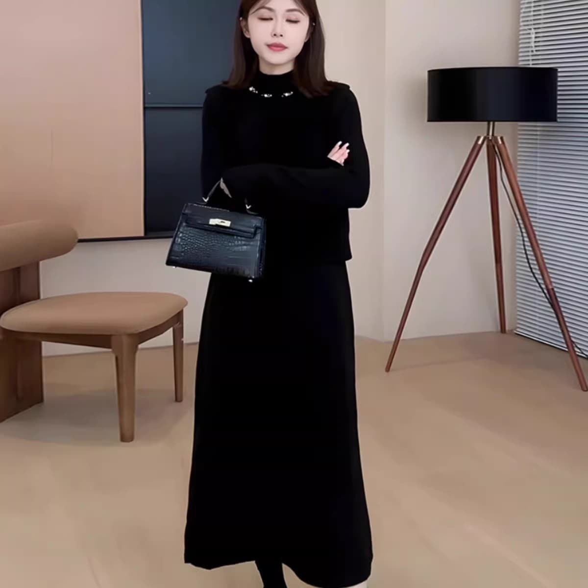 디자인 센스 비즈 박기 투피스 슈트 중간 길이 니트 여성 드레스 가을 겨울철 새로운 한국 스타일 슬림해 보이는 기본 스커트 이미지 2