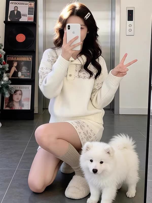 작은 대중 착용 가져 가라. 전체 집합 학원 스타일 배색 자카드 공정한 섬 스웨터 여자 코디 분위기 센스 니트 반신 스커트 이미지 2