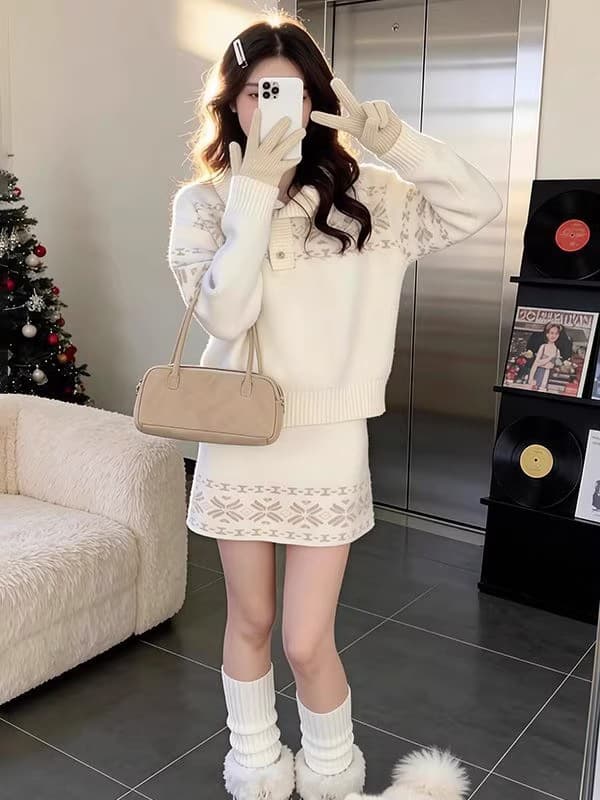 작은 대중 착용 가져 가라. 전체 집합 학원 스타일 배색 자카드 공정한 섬 스웨터 여자 코디 분위기 센스 니트 반신 스커트
