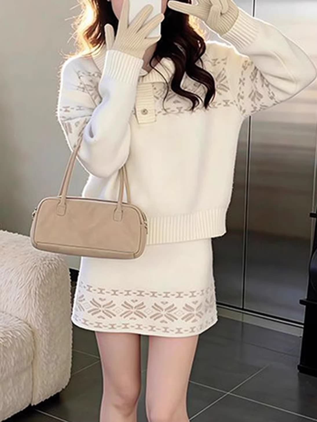작은 대중 착용 가져 가라. 전체 집합 학원 스타일 배색 자카드 공정한 섬 스웨터 여자 코디 분위기 센스 니트 반신 스커트 이미지 4