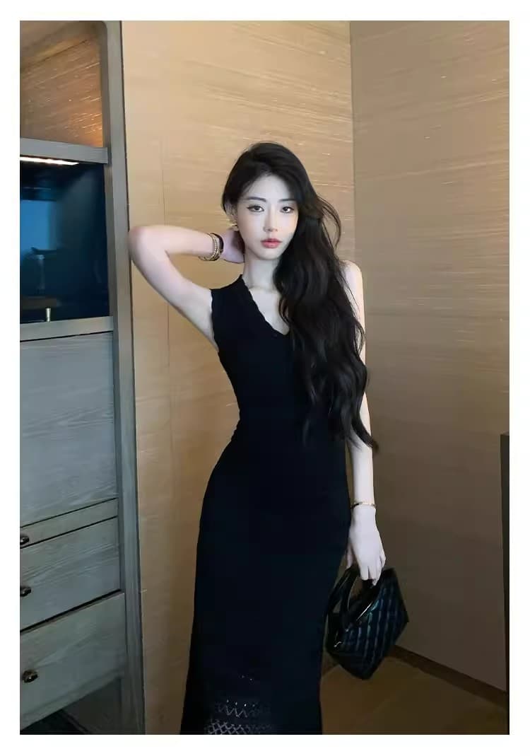 2026 년 고급 센스 V넥 이브닝 드레스 드레스 품격 순수한 켜기 슬림해 보이는 허리 수축 주름 타이트 스커트 롱 스커트 치마 상세 이미지 4