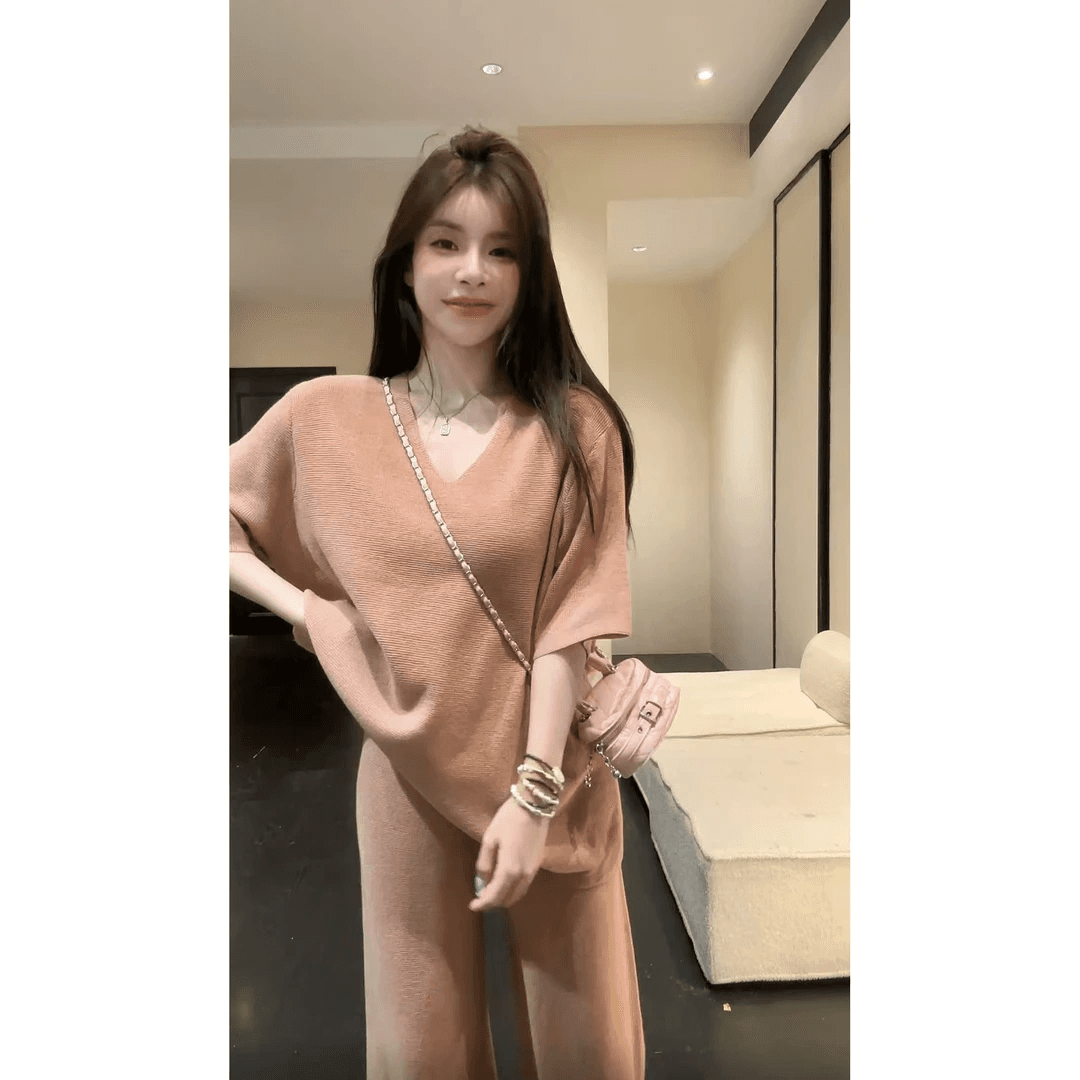 huihui 새로운 느긋한 와이드 레그 팬츠 세트 작은 대중 루즈핏 캐주얼 바람 반팔 한 부서 세트 이미지 2