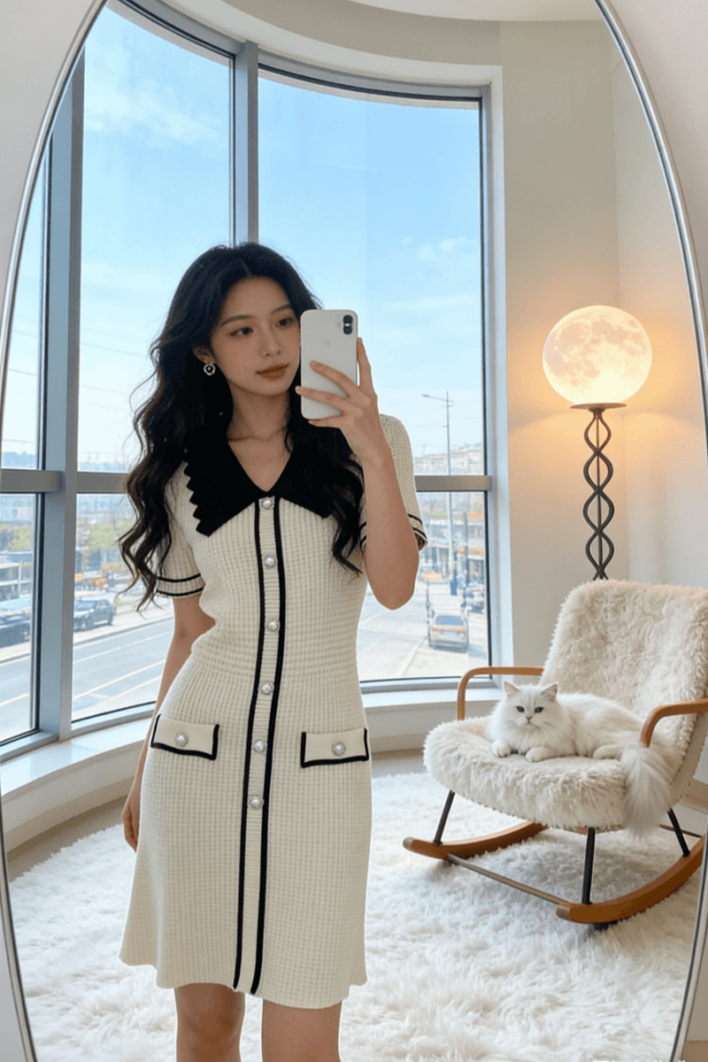 프랑스식 달콤한 매운맛 바람 배색 빅 칼라 니트 원피스 허리 수축 슬림해 보이는 품격 타이트 스커트 미니 스커트 여성 2026 봄 여름 새로운 이미지 4