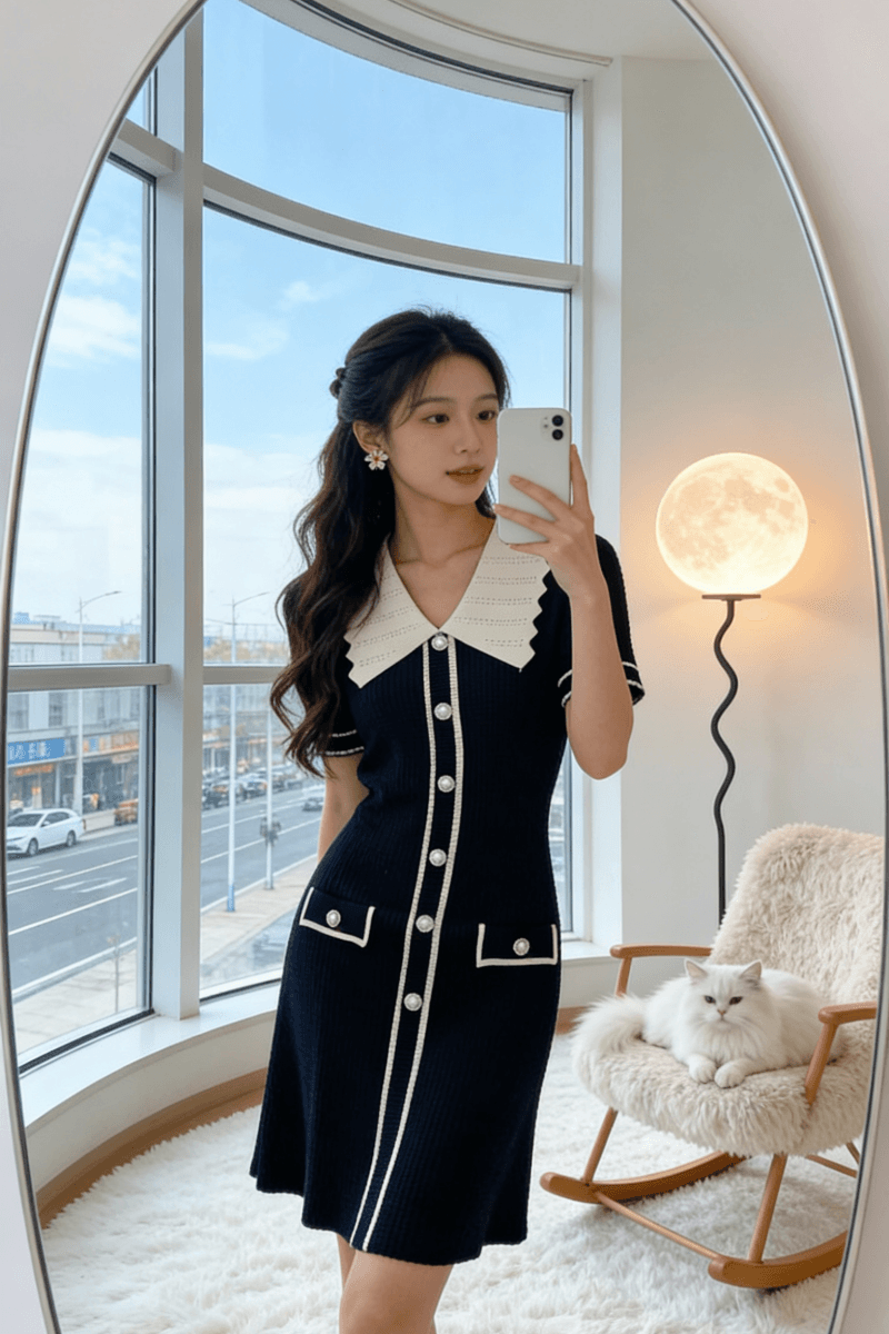 프랑스식 달콤한 매운맛 바람 배색 빅 칼라 니트 원피스 허리 수축 슬림해 보이는 품격 타이트 스커트 미니 스커트 여성 2026 봄 여름 새로운 상세 이미지 3