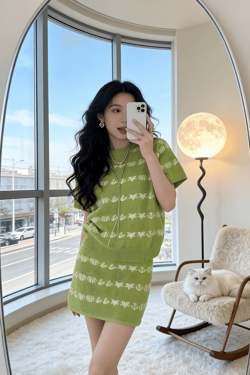 2026 여름 새로운 작은 키 디자인 센스 라운드 넥 자카드 니트 반팔 맨위 하이웨이스트 쇼트 스타일 반신 스커트 이미지 4