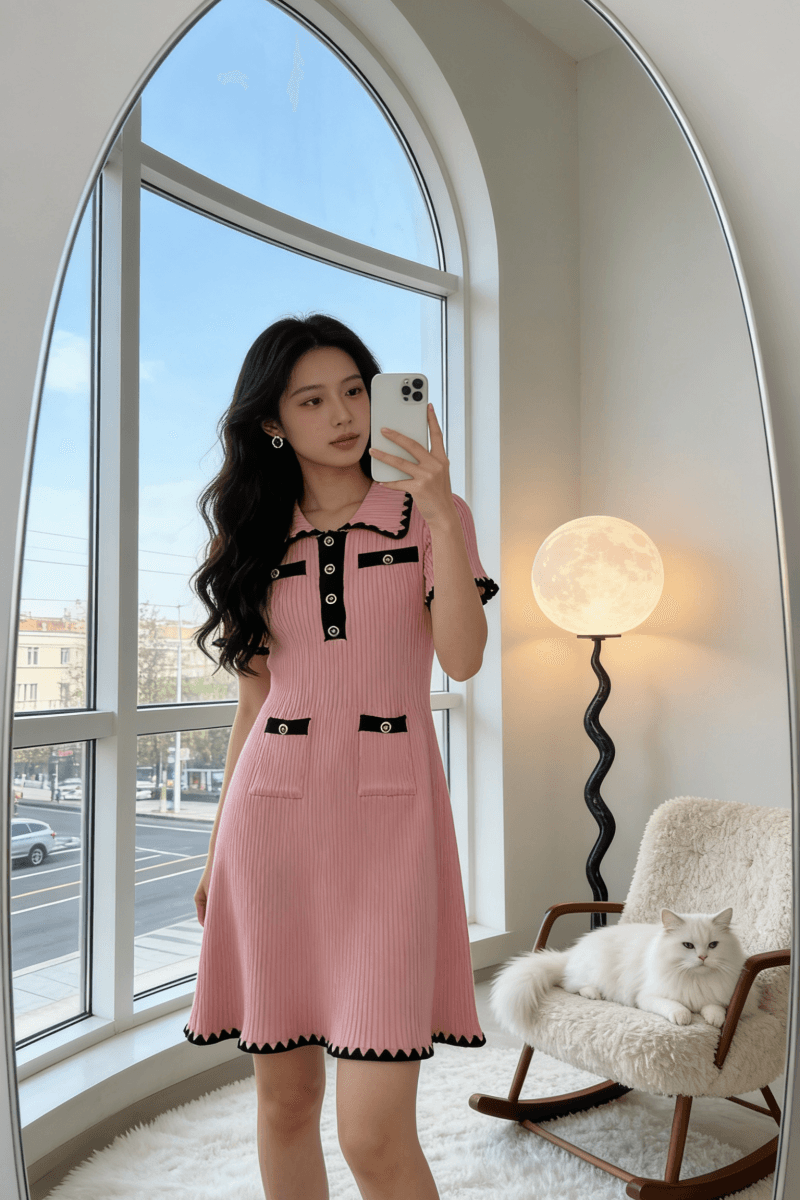 프랑스식 품격 명문 여성 작은 샤넬 스타일 빛 럭셔리 고급 디자인 센스 몸매 가꾸기 슬림해 보이는 한 마디 니트 반팔 드레스