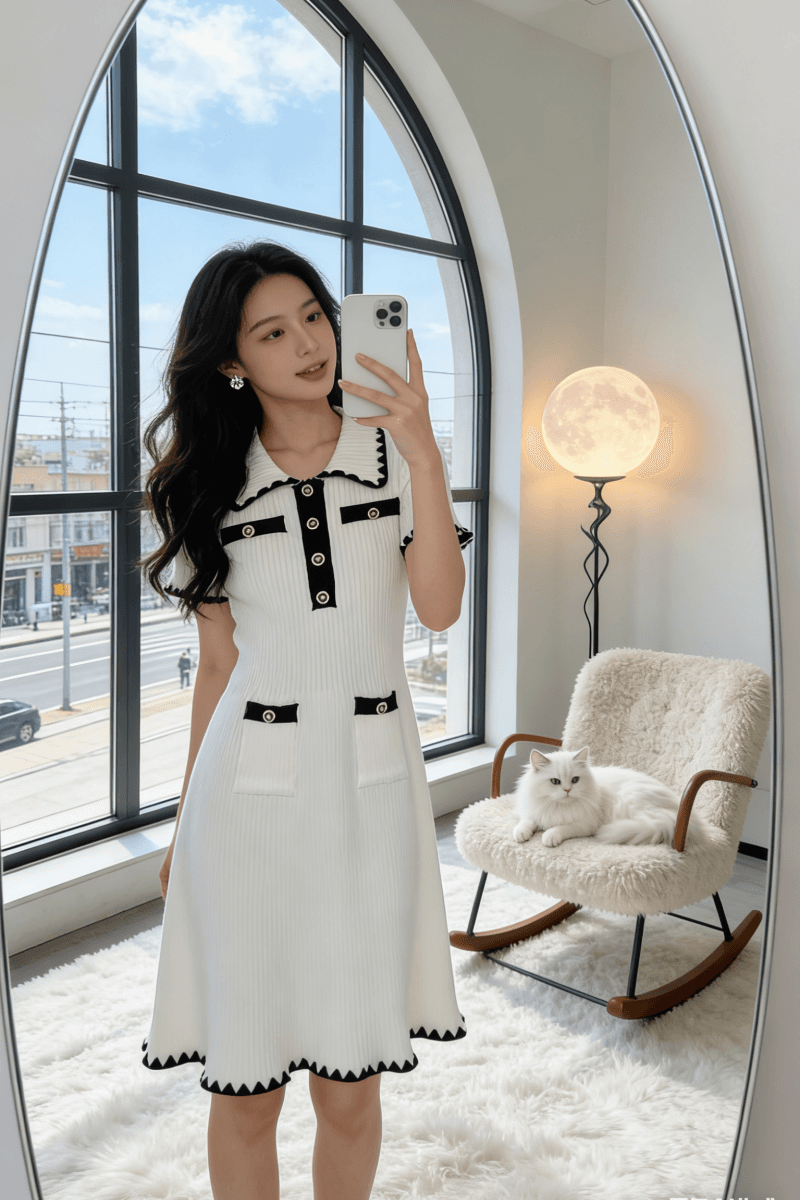 프랑스식 품격 명문 여성 작은 샤넬 스타일 빛 럭셔리 고급 디자인 센스 몸매 가꾸기 슬림해 보이는 한 마디 니트 반팔 드레스 이미지 3