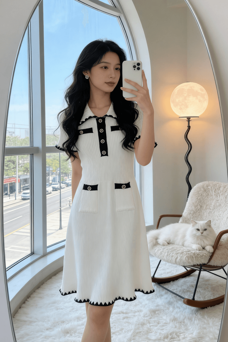 프랑스식 품격 명문 여성 작은 샤넬 스타일 빛 럭셔리 고급 디자인 센스 몸매 가꾸기 슬림해 보이는 한 마디 니트 반팔 드레스 상세 이미지 2