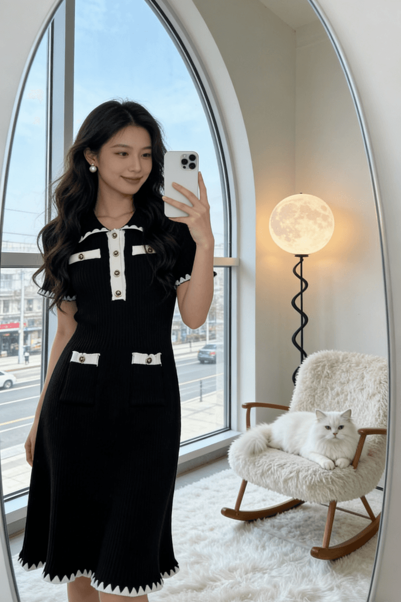 프랑스식 품격 명문 여성 작은 샤넬 스타일 빛 럭셔리 고급 디자인 센스 몸매 가꾸기 슬림해 보이는 한 마디 니트 반팔 드레스 상세 이미지 4