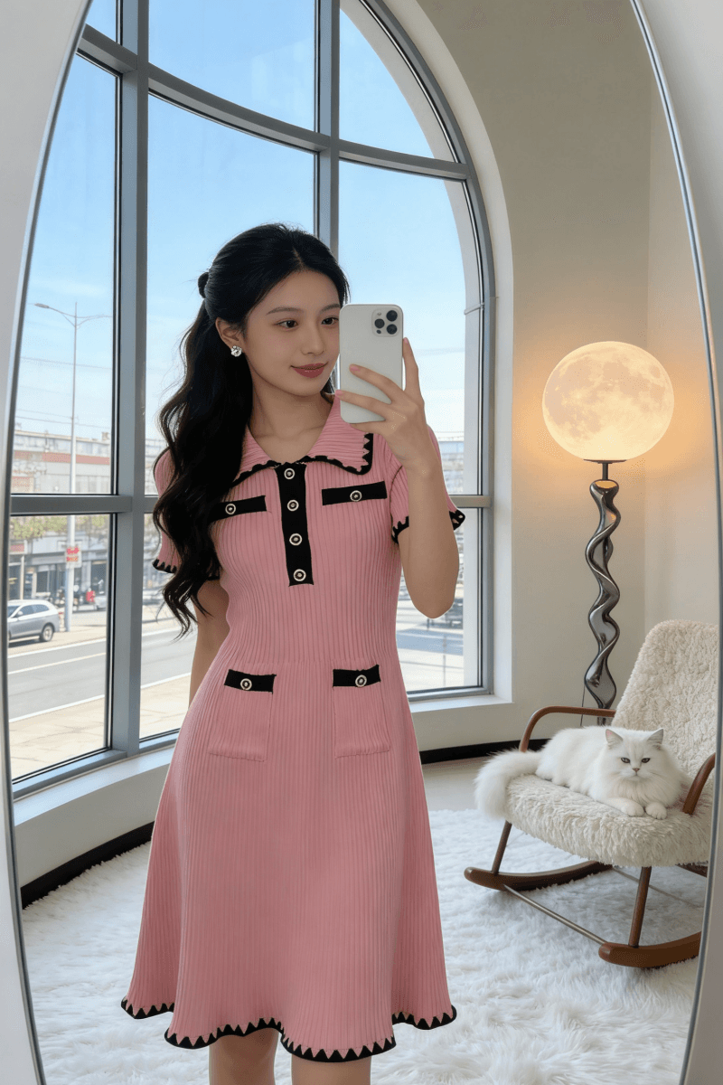 프랑스식 품격 명문 여성 작은 샤넬 스타일 빛 럭셔리 고급 디자인 센스 몸매 가꾸기 슬림해 보이는 한 마디 니트 반팔 드레스 상세 이미지 6