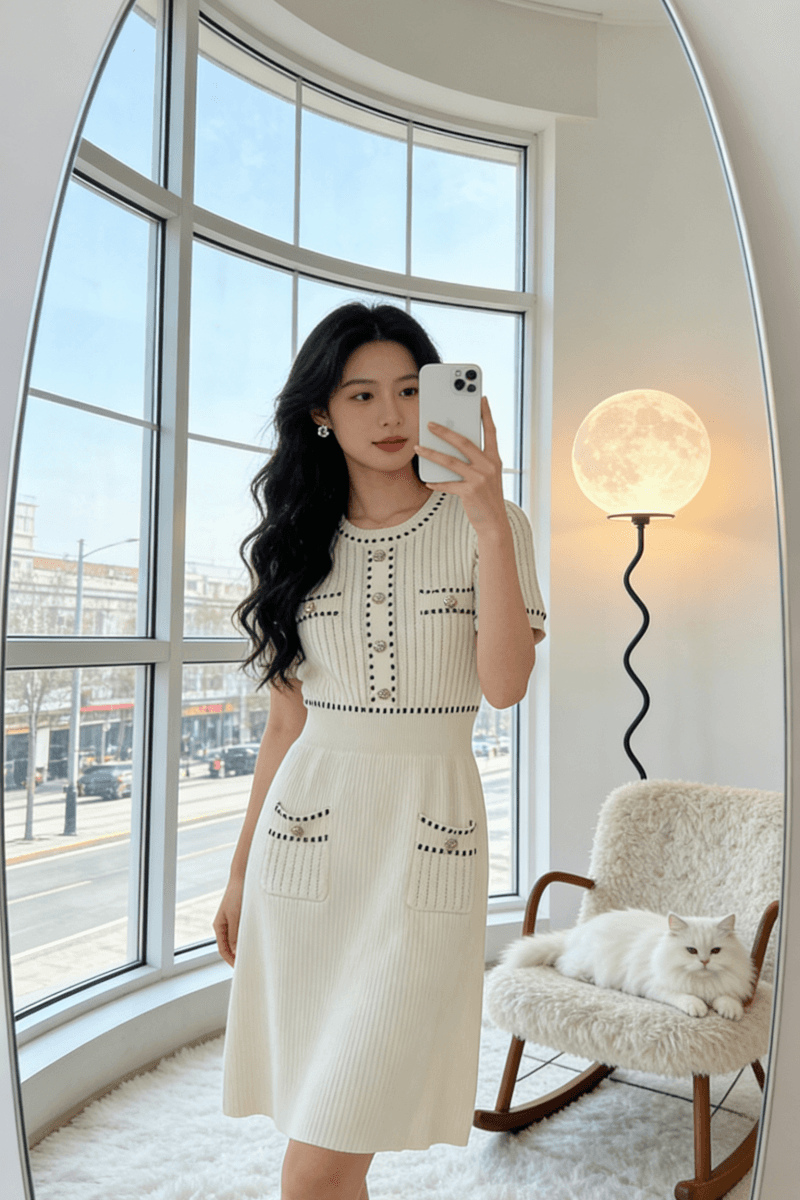 프랑스식 명문 여성 작은 샤넬 스타일 금속 버클 허리 수축 라운드 넥 반팔 니트 여성 드레스 여름 슬림해 보이는 품격 치마 여성