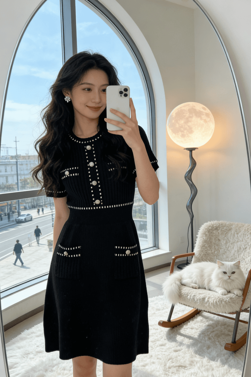 프랑스식 명문 여성 작은 샤넬 스타일 금속 버클 허리 수축 라운드 넥 반팔 니트 여성 드레스 여름 슬림해 보이는 품격 치마 여성 이미지 2