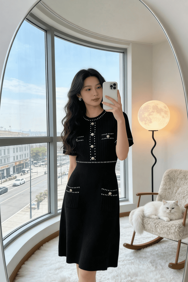 프랑스식 명문 여성 작은 샤넬 스타일 금속 버클 허리 수축 라운드 넥 반팔 니트 여성 드레스 여름 슬림해 보이는 품격 치마 여성 상세 이미지 1