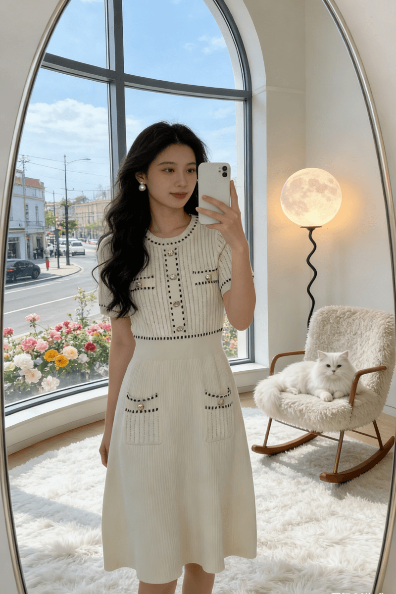 프랑스식 명문 여성 작은 샤넬 스타일 금속 버클 허리 수축 라운드 넥 반팔 니트 여성 드레스 여름 슬림해 보이는 품격 치마 여성 상세 이미지 4