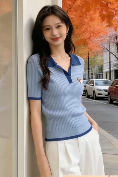 2026 여름 고유 한 슈퍼 잘 생긴 파란색 POLO 칼라 얼음 실크 니트 맨위 디자인 센스 자수 강아지 반팔 티셔츠