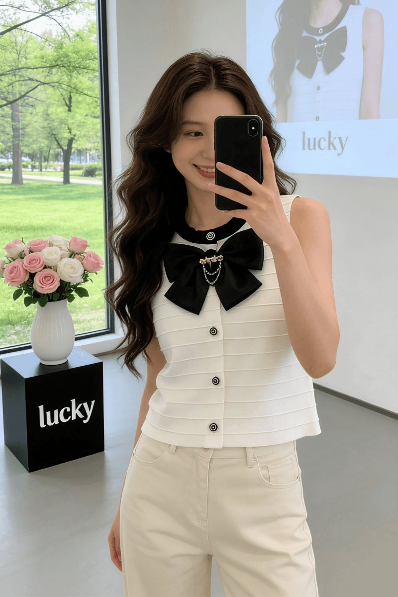 작은 샤넬 스타일 나비 매듭 니트 조끼 여자 여름 섹션 스택 착용 고급 센스 조끼 조끼 프랑스식 민소매 작은 맨위