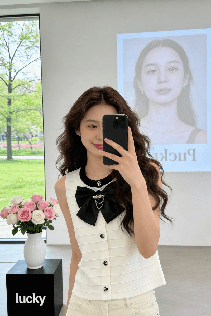 작은 샤넬 스타일 나비 매듭 니트 조끼 여자 여름 섹션 스택 착용 고급 센스 조끼 조끼 프랑스식 민소매 작은 맨위 상세 이미지 1