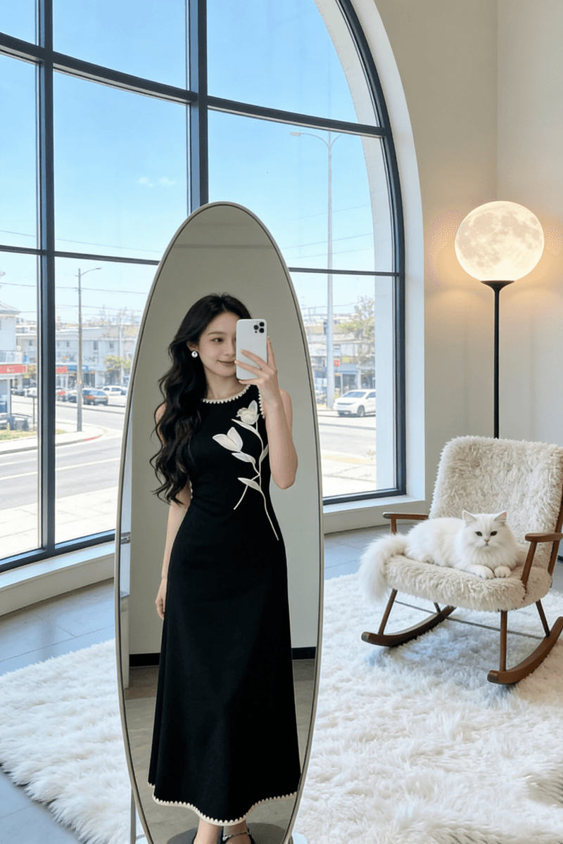 2026 년 새로운 중식 국풍 검정색 민소매 치파오 드레스 3 차원 꽃 몸매 가꾸기 얼음 실크 니트 드레스 상세 이미지 3