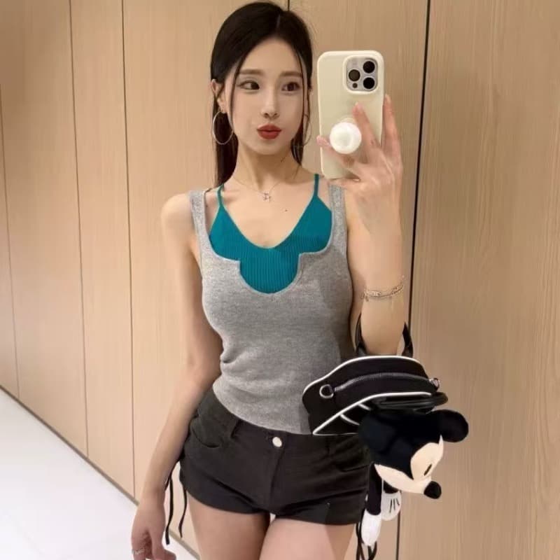 2026 연가 두 조각 배색 행침 목 캐미솔 여름 순수한 욕망 몸매 가꾸기 슬림해 보이는 달콤한 핫걸 짧은 맨위 상세 이미지 5