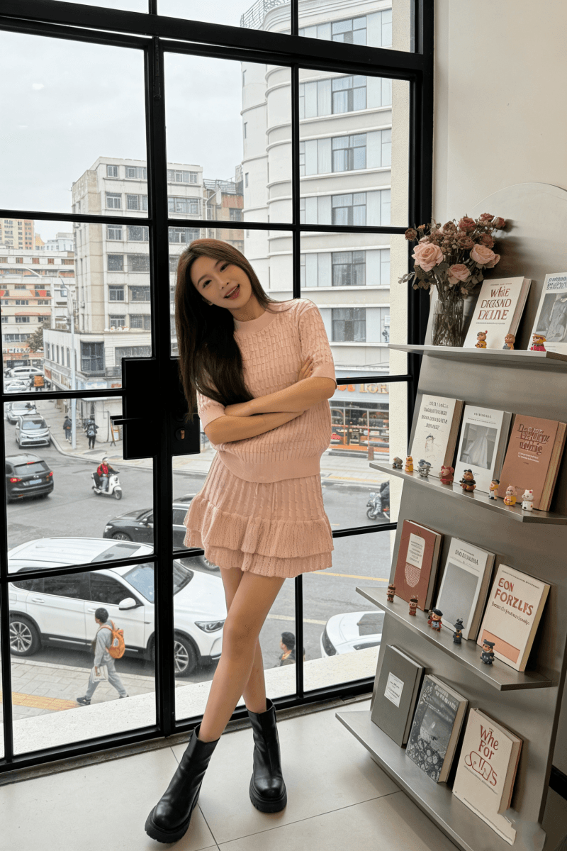 2026 년 여름 새로운 핑크색 부드러운 바람 달콤함 연령 감소 작은 키 하이웨이스트 반신 스커트 얼음 실크 니트 세트 상세 이미지 1