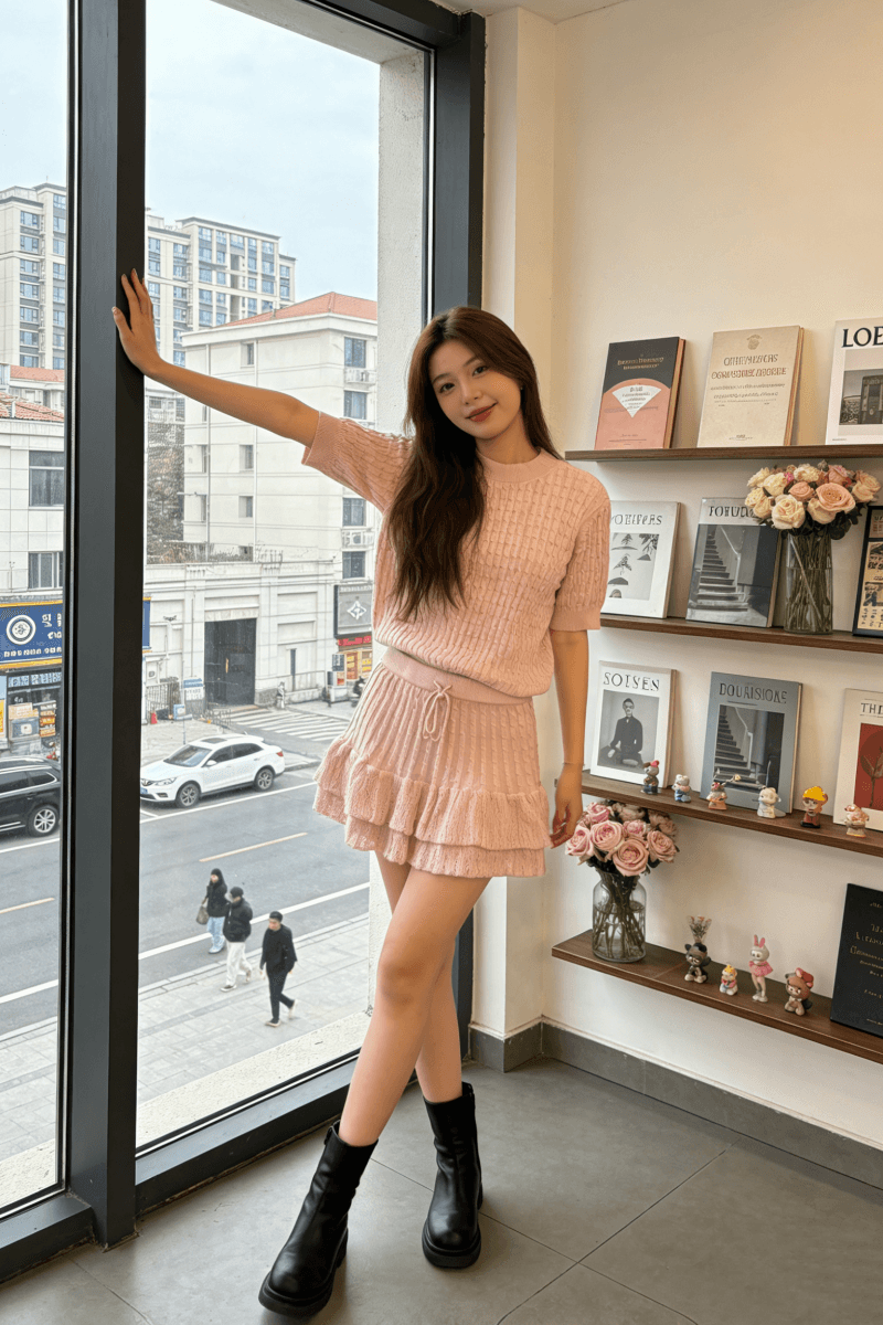 2026 년 여름 새로운 핑크색 부드러운 바람 달콤함 연령 감소 작은 키 하이웨이스트 반신 스커트 얼음 실크 니트 세트 상세 이미지 2