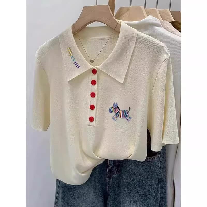 2026 년 POLO 칼라 반팔 여성 뜨개질 기본 셔츠 캐주얼 루즈핏 다용도 슬림해 보이는 얇은 스타일 반소매 맨위 여름 상세 이미지 5