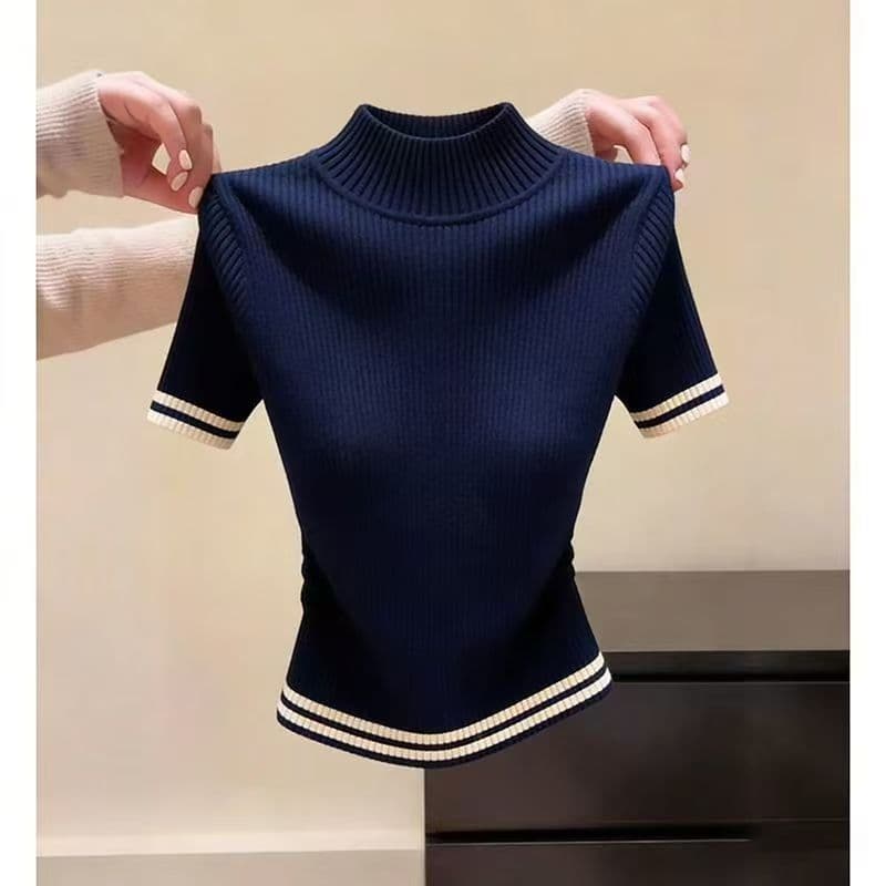 고급 유럽 상품 반하이넥 반팔 니트 기본 셔츠 여성 봄 여름 인사이드 가져 가라. 몸매 가꾸기 티셔츠 검정색 스트라이프 맨위 여성 이미지 3