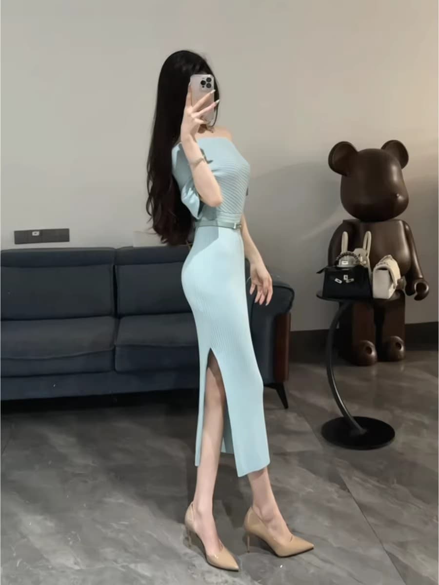 프랑스식 파란색 니트 오프숄더 여성 드레스 여름 고급 센스 로얄 자매 품격 몸매 가꾸기 타이트 스커트 길다 치마 이미지 2
