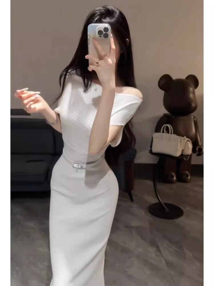 프랑스식 파란색 니트 오프숄더 여성 드레스 여름 고급 센스 로얄 자매 품격 몸매 가꾸기 타이트 스커트 길다 치마 상세 이미지 7