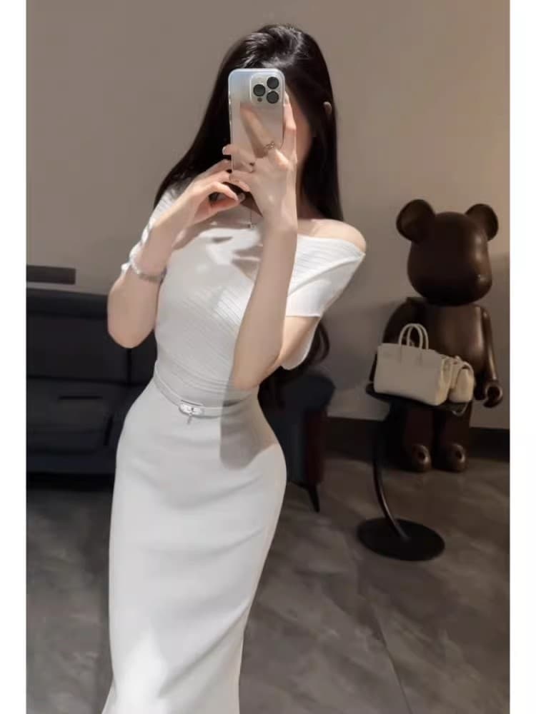 프랑스식 파란색 니트 오프숄더 여성 드레스 여름 고급 센스 로얄 자매 품격 몸매 가꾸기 타이트 스커트 길다 치마 상세 이미지 8