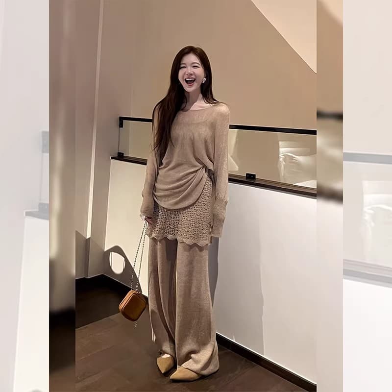 작은 샤넬 스타일 품격 착용 가져 가라. 에이즈 환자 여성 세트 가을 의상 코디 레이스 홀로우 아웃 니트 스웨터 맨위 바지 투피스 슈트 이미지 5
