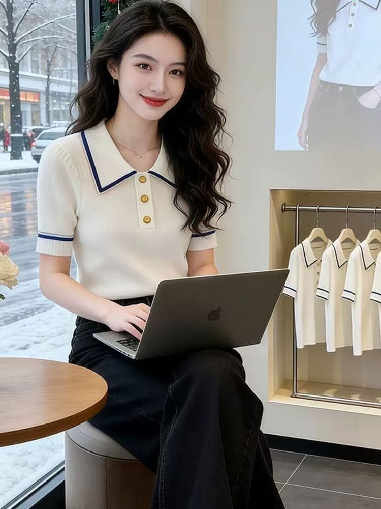 2026 여름 새로운 폴로 칼라 패션 반팔 외국 가스 털 니트 스웨터 여성 품격 몸매 가꾸기 슬림해 보이는 고급 센스 맨위 상세 이미지 2