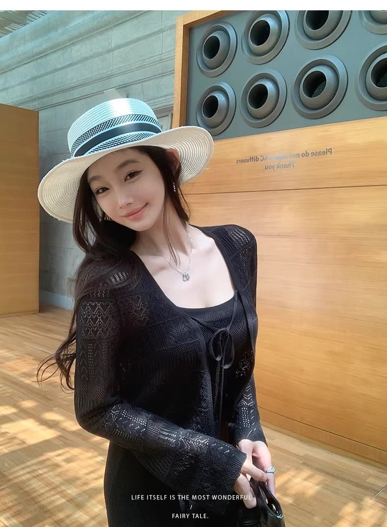lilylikes 여름 오래된 돈 휴가 센스 상쾌 부드러운 마 센스 홀로우 아웃 조끼 스커트 오픈 가디건 투피스 세트 상세 이미지 15