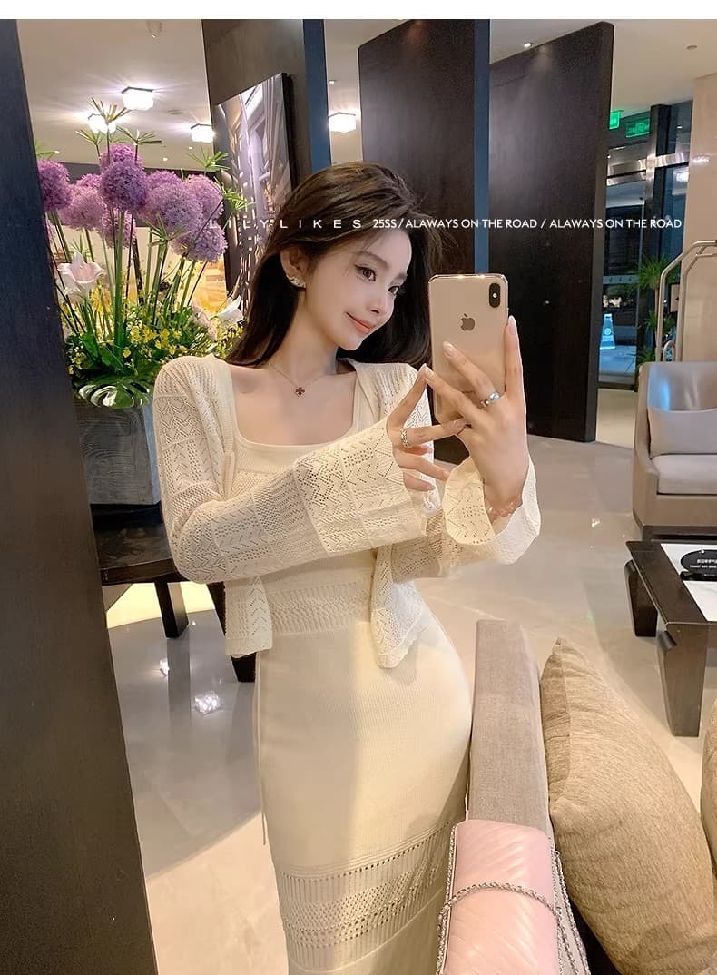 lilylikes 여름 오래된 돈 휴가 센스 상쾌 부드러운 마 센스 홀로우 아웃 조끼 스커트 오픈 가디건 투피스 세트 상세 이미지 24