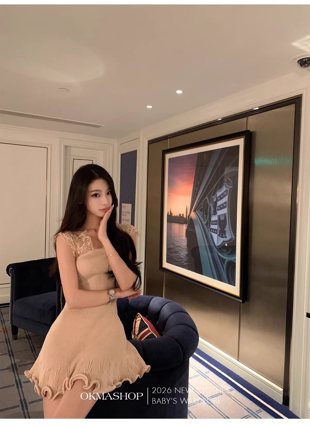2026 년 여름 몽환 어둠의 언어 레이스 V넥 여성 드레스 봄 여름 품격 몸매 가꾸기 허리 수축 홀로우 아웃 치마 상세 이미지 23