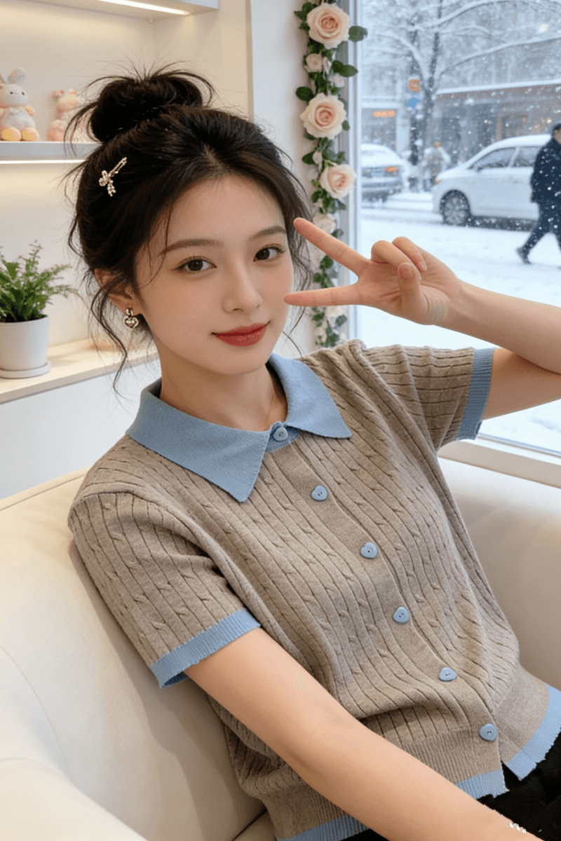 2026 레트로 POLO 칼라 배색 니트 스웨터 반팔 티셔츠 여성 여름 한 부서 몸매 가꾸기 슬림해 보이는 디자인 센스 작은 대중 이미지 3